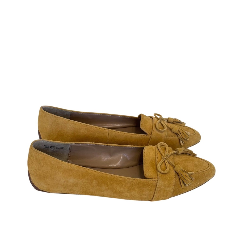 Talbots Suede Tassel Loafers 7M Yellow Mustard Bow Pointed Toe Driving Heel